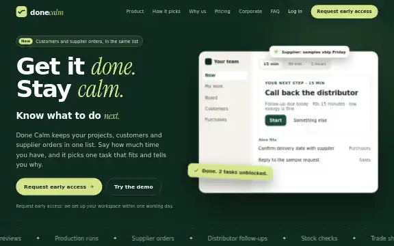Done Calm homepage with the headline: Get it done. Stay calm.