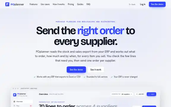 POplanner homepage with the headline: Send the right order to every supplier.