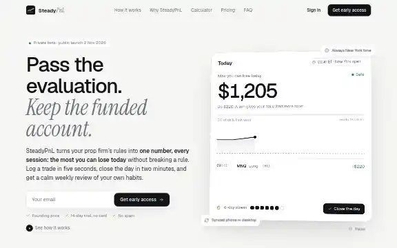 SteadyPnL homepage with the headline: Pass the evaluation. Keep the funded account.